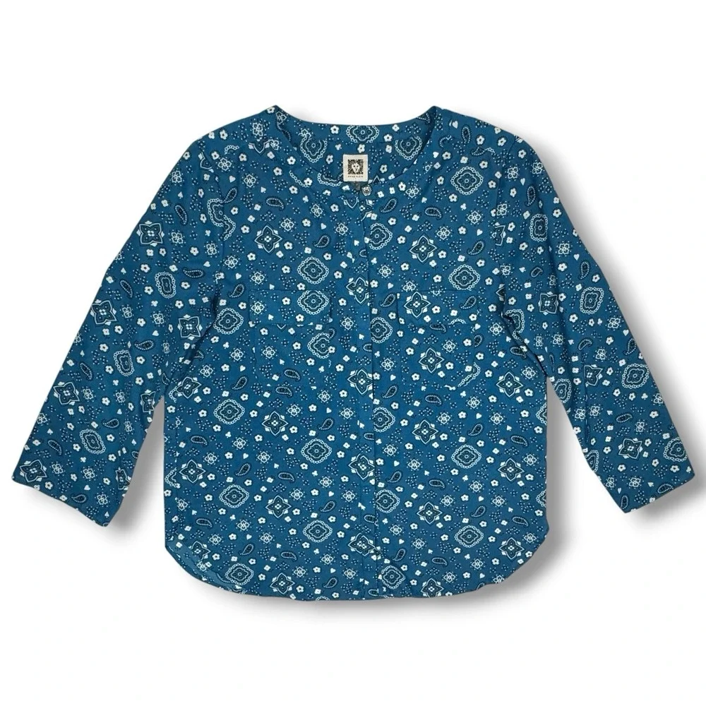 Anne Klein Bandana Paisley Floral Blouse Button Up Top Sz 10 Fiji Blue Roll Tab